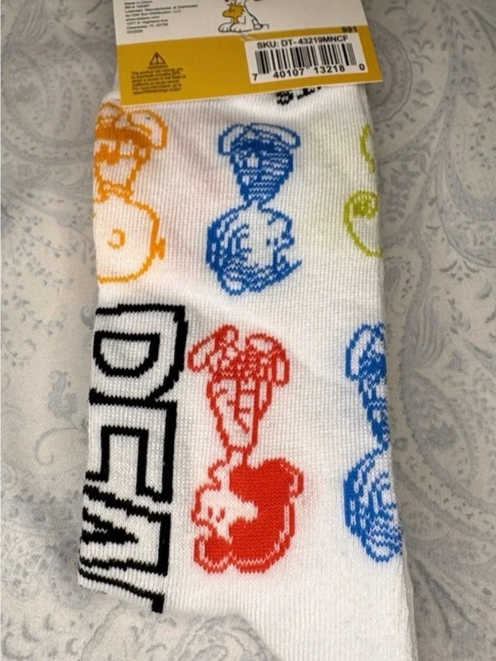 Peanuts White Crew Socks with Red, Blue, Yellow & Black Character Prints